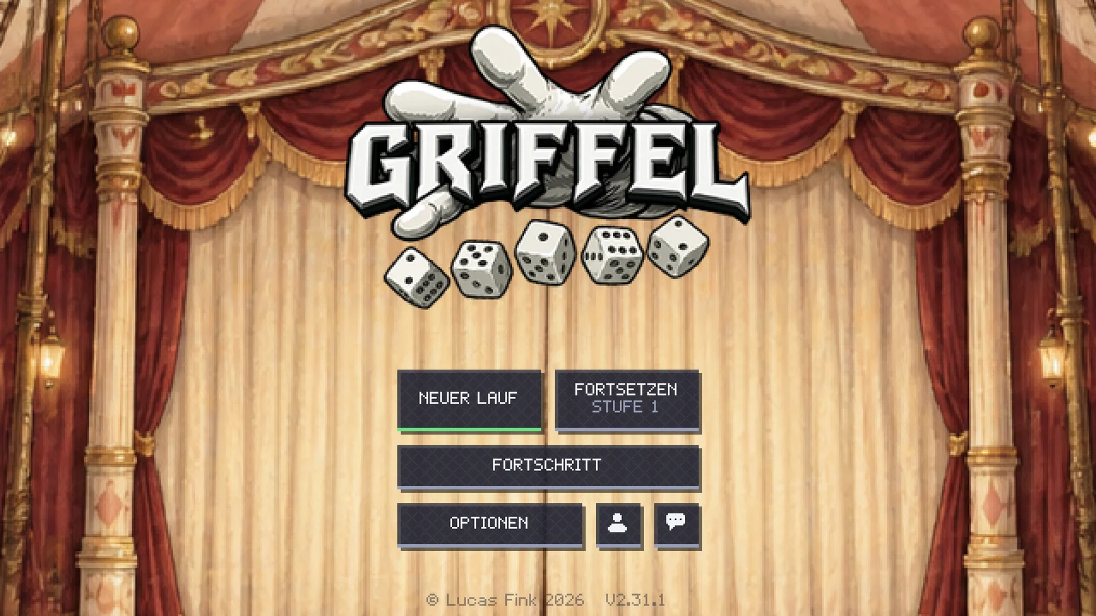 Das Hauptmenü mit dem Griffel-Logo vor dem Zirkusvorhang