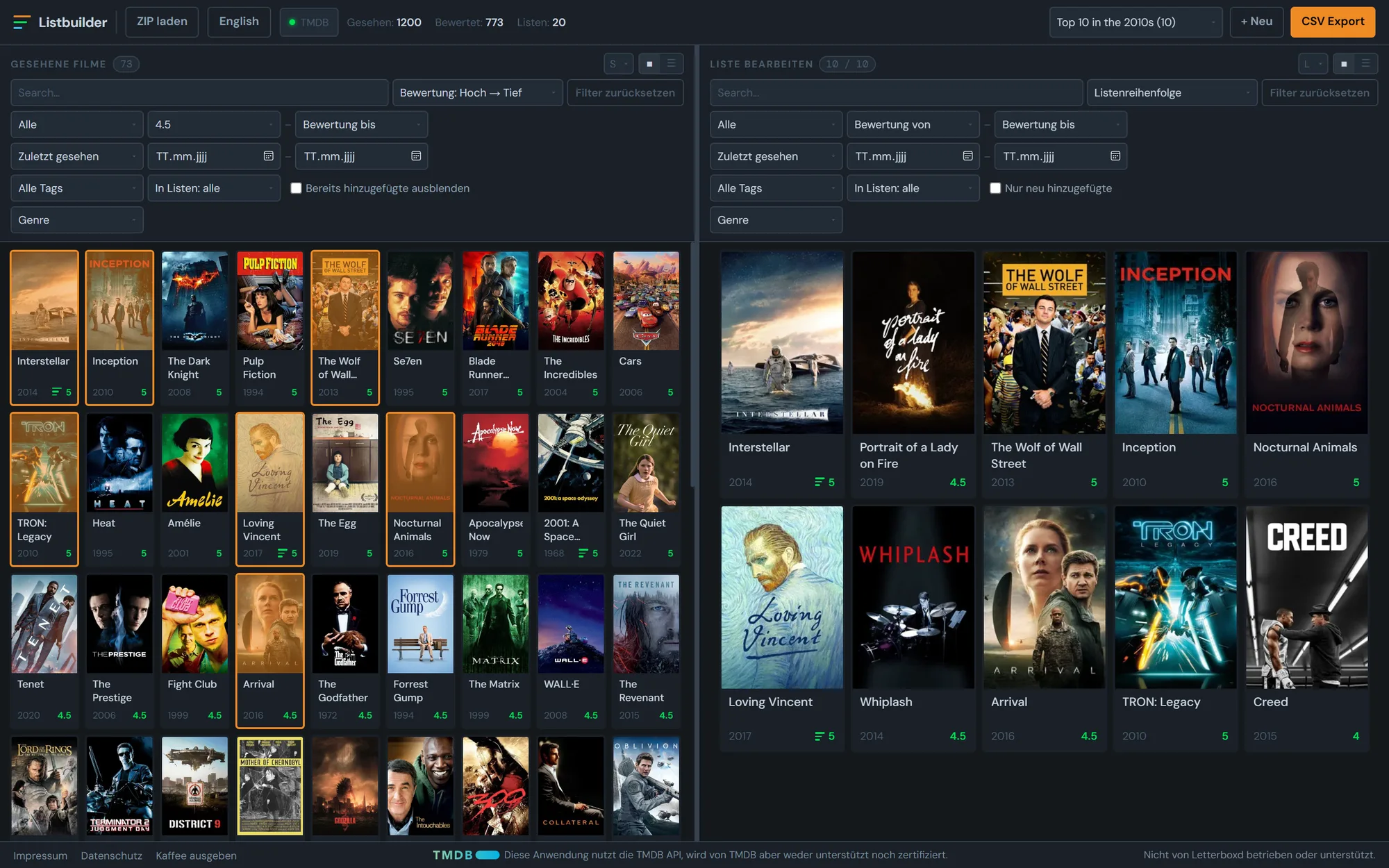 Listbuilder: links gesehene Filme ab 4,5 Sternen, rechts die Liste Top 10 in the 2010s