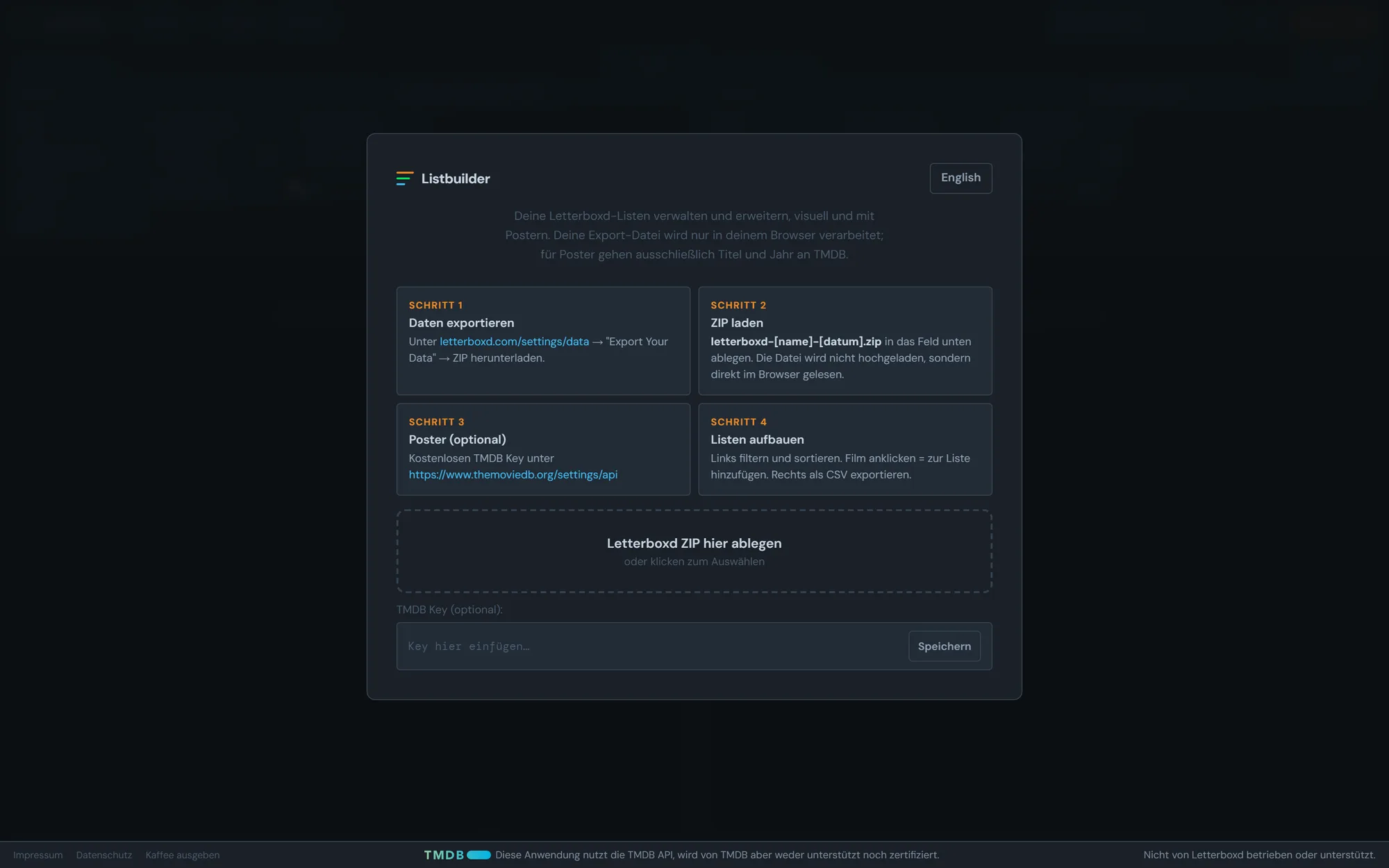 Startbildschirm des Listbuilders mit vier Schritten