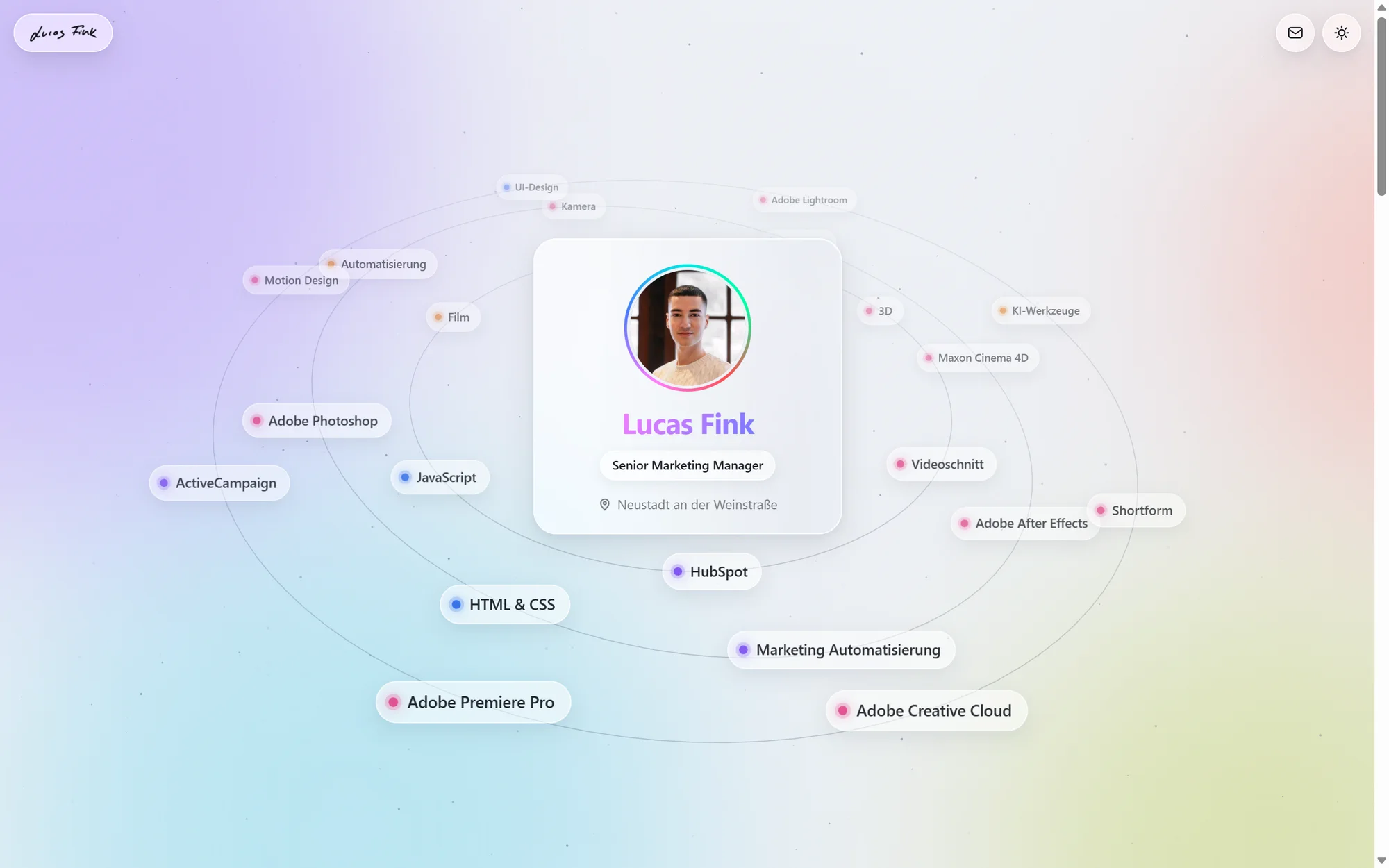 Startseite von lucasf.ink im hellen Modus: Visitenkarte, umkreist von Skills